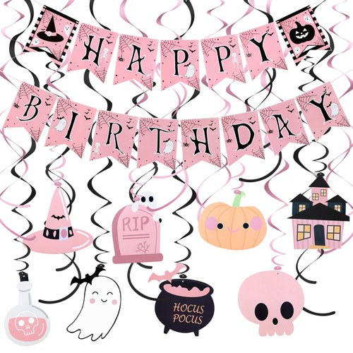 Pink Halloween Happy Birthday Banner and Halloween Birthday Hanging Swirls Happy Birthday Hallowe...