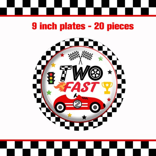 80pcs Race Car 2nd Birthday Party Plates, Two Fast Black and White Checkered Flag Plates Napkins Forks Tableware Kit for Baby Boys Racing Car Theme 2nd Birthday Party Supplies Decorations Favors