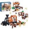 3in1 Train Horse Carriage Building Kit, Horse Stable and Animal Horses, Inn and Carriage with Horn Decoration, Creative Western Cowboy Themed Gifts for Boys Ages 6 Years and Up, 212 Pcs