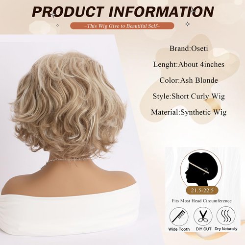 Oseti Short Curly Wigs Light Brown Curly Bob Wigs for Women Pixie Cut Short Hair Wigs Layered Ash Blonde with Bangs Synthetic Hair Wig Short Ombre Blonde Wig for Daily Use