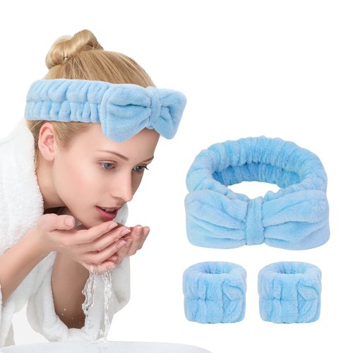 UNIMEIX 3 Pack Spa Headband and Wrist Washband Face Wash Set,Reusable Soft Makeup Headband Fleece Skincare Headbands for Washing Face Shower (Blue)