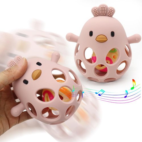 BRITILILI Baby Teething Toy with Bell Rattle for 3-6 Months & 6-12 Months, Silicone Teether Toys for Babies Anti Dropping Hand Grip Teethers, Infant Chew Toys Set, BPA Free (Dark Pink)