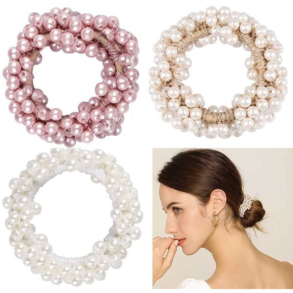 Pearl Hair Scrunchies,3pcs Pearl Hair Bands Elastic Bands Ponytail Holders Hair Bands for Women Hair Accessories for Girls Hair Styling Ties Hair Pearl Beads Elastic Bands Hair Scrunchies for Women and Girls