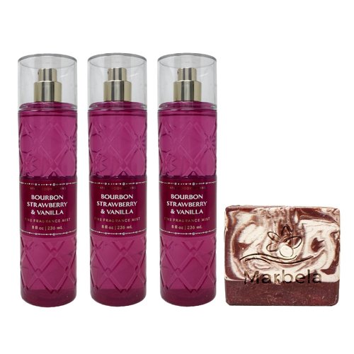 Bath & Body Works Bourbon Strawberry & Vanilla 3 Pack Fragrance Mist Set with a Cherry On Top Bar Soap - Full Size
