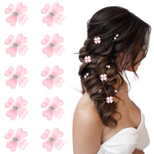 10 Pcs Small Flower Hair Clips with Rhinestone Mini Clover Cute Hair Pins Wedding Bridal Hair Accessories Decorative for Fine Hair Barrettes for Girls Women(Light Pink)