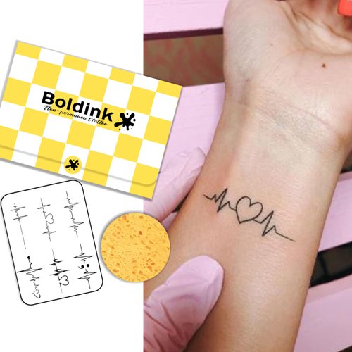 Boldink Semi-permanent tattoos, realistic fake tattoos, last 7-15 days, waterproof non-reflective temporary tattoo stickers, cruelty-free, uniquely designed exquisite packaging（Electrocardiogram）