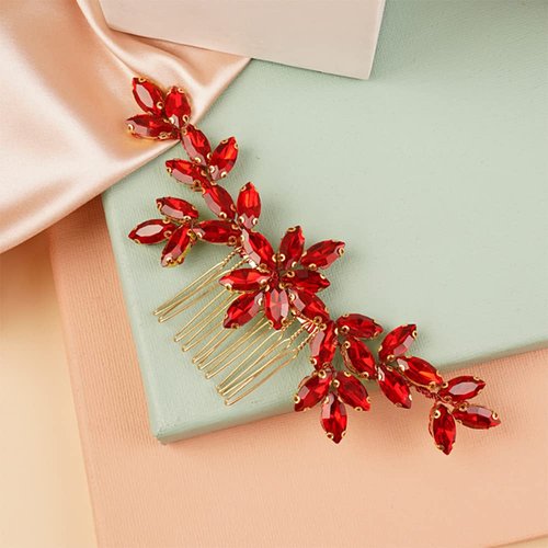 Kercisbeauty Bridal Red Rhinestones Hair Comb Women Ladies Banquet Special Events Updo Hair Styling Crystal Jewelry (Red)