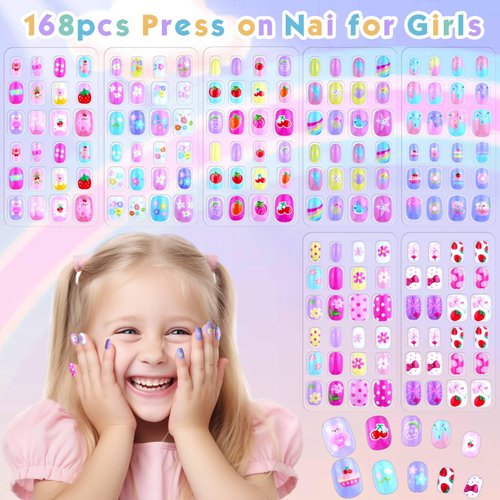 168Pcs Press on Nails for Kids Girls, Shynek Kids Fake Nails for Children Pre Glue Stickers Nails Full Cover Short Acrylic Nails Set Gifts for Girls Nail Art Decoration