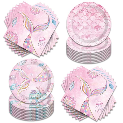 WXBDHY 40pcs Mermaid Party Supplies Happy Birthday Decorations for Girls & Boys Mermaid Party Tableware Set Including Plates, Napkins,for 20 Guests.