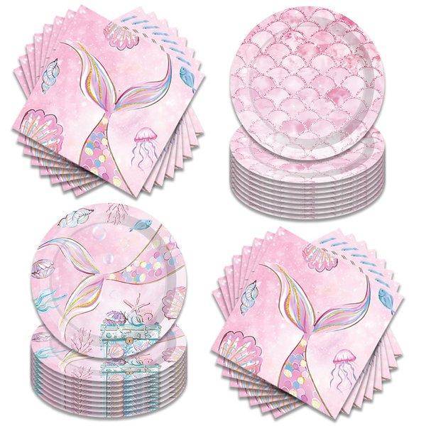 WXBDHY 40pcs Mermaid Party Supplies Happy Birthday Decorations for Girls & Boys Mermaid Party Tableware Set Including Plates, Napkins,for 20 Guests.