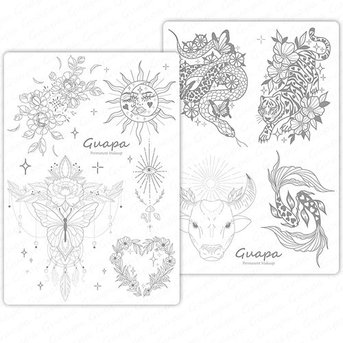 Guapa 3pcs Silicone Pre-Printed Tattoo Practice Skin with 9 Unique Patterns Tiny Tattoo Practice Skins with Design (White Sheet)