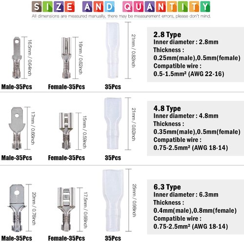Glarks 315Pcs Quick Splice 2.8mm 4.8mm 6.3mm Male and Female Wire Spade Connector Wire Crimp Terminal Block with Insulating Sleeve Assortment Kit