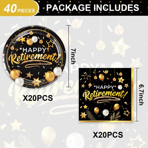 40pcs retirement Party Supplies,include Black and gold 20 Plates, 20 Napkin,Used for retirement Party Decoration (retirement（AAA）)