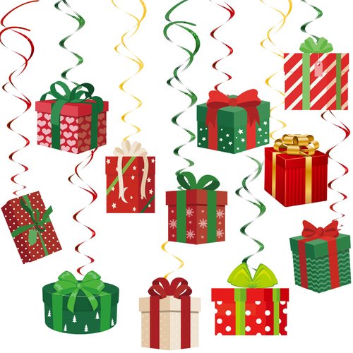 Woanger 36 PCS Christmas Hanging Foil Swirls Decorations Gift Box Shape Hanging Swirls Ceiling Decorations for Xmas Holiday Birthday Party Decor Christmas Outdoor Indoor Decor Baby Shower Supplies