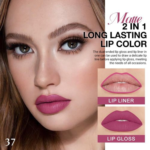 evpct 1Pcs Rose Red Plum Lip Stain Paint Matte Lip Liner and Lipstick Set Long Lasting Smudge Proof labiales matte mate larga duracion listip 24 hours a prueba de agua mate 24 horas originales,37#