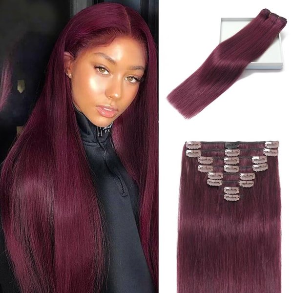 LORIEN Clip in Hair Extensions Real Human Hair, 18 Inch 100g, 99J Burgundy, Clip in 100% Brazilian Remy Human Hair Extensions 8pcs Per Set with 18 Clips Double Weft