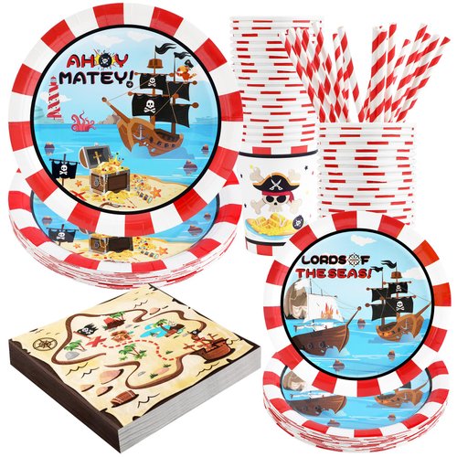 Pirate Birthday Party Supplies Decorations, Pirate Treasure Theme Paper Plates and Napkins Set with Cups and Straws for 24 Guests, 120 Pcs Disposable Party Dessert Dinnerwares