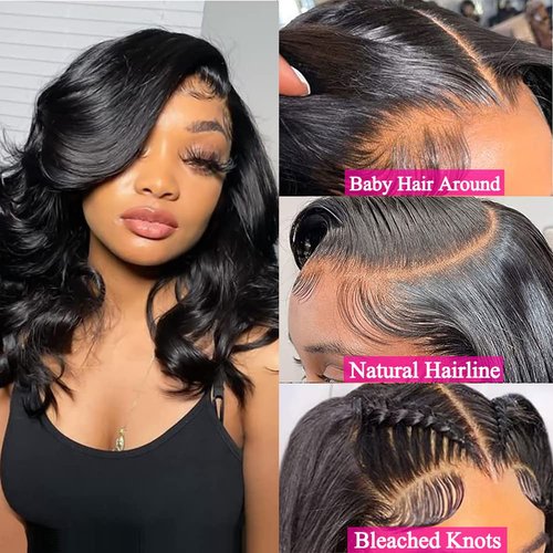 Body Wave Lace Front Wig Human Hair Wig Glueless Short Bob Wigs 13x4 Body Wave Lace Frontal Wig Pre Plucked with Baby Hair 180% Density Black Women Brazilian Virgin Real Hair Natural Color 12 Inch