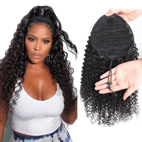 Kinky Curly Ponytail Extensions Human Hair Wrap Drawstring Adjustable Clip In Pony Tail 3C Afro Curl Natural Black (14")