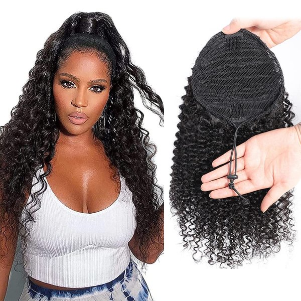 Kinky Curly Ponytail Extensions Human Hair Wrap Drawstring Adjustable Clip In Pony Tail 3C Afro Curl Natural Black (14")