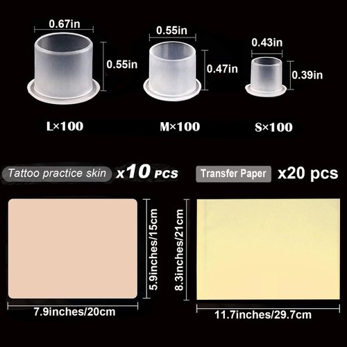 Tattoo Practice Skins with Transfer Paper Mix Ink Caps - Silmy 330 Tattoo Fake Skin with Stencil Paper Ink Cups Include Mix 300Pigment Caps 20Tracing Paper 10Tattoo Skin (10Skin+20Paper+300Base Cups)