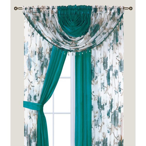 LinenTopia Floral Sheer Curtains - 4 Panels Set with Valance, 84" Long, Light Filtering Privacy Voile Window Curtains for Living Room, Bedroom, Kitchen, Dining Room - Turquoise Blossom