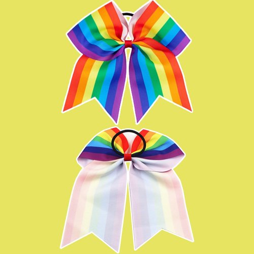 DIUEWOW Rainbow Cheer Leading Bow - 2PCS Hair Ties with Elastic Ponytail Holder Bow Hair Tie Band Hair Accessories for School Girls Women Gay Pride Day Outfit