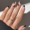 24 Pcs Pink Press on Nails Short Almond - YEFIUO Small Flowers Fake Nails Press ons Black French Nail Tip Glue on Nails with Cute Design Full Cover False Nails Stick on Nail Acrylic Nail Art Kit