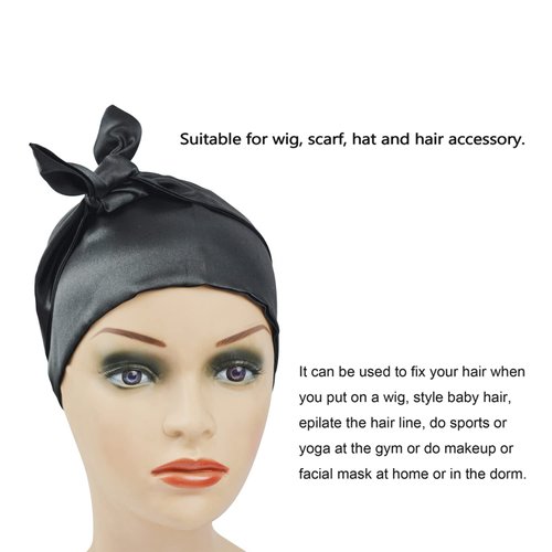 YANTAISIYU 2 Pcs Satin Edge Laying Scarf Hair Wrap Wigs Grip Band Wrapping Head Fashion Headband for Laying Lace Frontal Wigs Non Slip Hair Wrap Headband for Yoga, Makeup, Facial, Sport (Black)