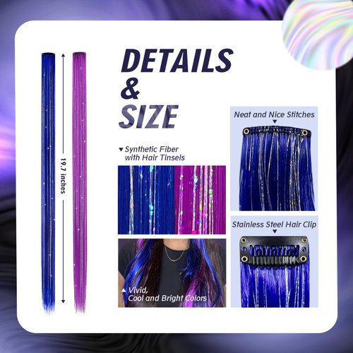 Z-CHARMMY Colored Hair Extensions with Tinsels, Clip in Tinsel Hair Extensions for Women, Glitter Tinsel Hair Extension Kit, 16 Pieces, Blue and Purple