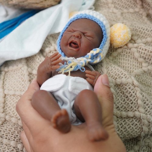 Crying Baby Reborn Baby Doll Black,7" Silicone Doll Mini Realistic Newborn Baby Dolls Silicone Full Body Stress Relief with Feeding Accessories Gift Box-Boy