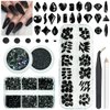 4 Boxes Black Nail Rhinestones Nail Glitters Kit, 24 Shapes K9 Glass Jet Black Gems Flatback Round Gems Stones Diamonds Crystals Nail Art Supplies Nail Charms for Acrylic Nails Faces Body DIY Crafts