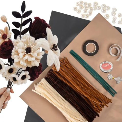 Vintage Pipe Cleaner Kit With 200 Pcs Pipe Cleaners Colourful in 3 Colours(Dark Coffee,Light brown,Skin Color),10 Pcs Craft Wire,40 Pearls,40 Stamen,Brown Tape,Glue Sticks,Floral Paper and Ribbon
