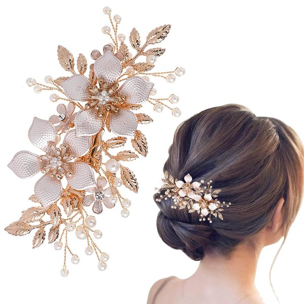 Bridal Wedding Hair Clips, Crystal Bridesmaid Hair Pins Pearl Rhinestone Hair Clips, Crystal Flower Hair Pieces Pearl Headpieces Hair Accessories for Brides Bridesmaids Women Girls (Type E)