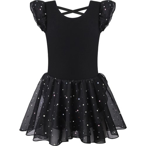 MOLLDAN Girls Dance Leotards for Ballet Dress Shiny Skirt Ruffle Sleeve Crisscross Back(QT4043-06-M) Black