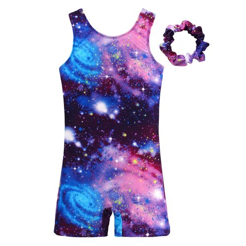 JESKIDS Leotards for Girls Gymnastics with Shorts Dance Biketards Tumbling Matching Hair Scrunchie Cosmic 10-11 Years