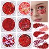 Teenitor Face Glitter Body Glitter, Red Body Glitter Gel, Hair Glitter Gel, 6 Shapes Rave Glitter, Body Makeup Glitters Face Paint, Chunky Sparkling Glitter Gel for Women