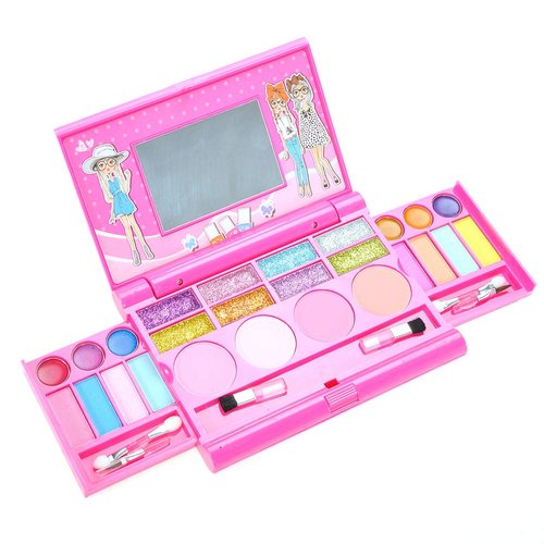 PowerTRC Washable Makeup Pretend Play Set for Kids | Fold-Out Cosmetic Kit with Mirror | Safe, Non-Toxic Toy Makeup Palette for Girls