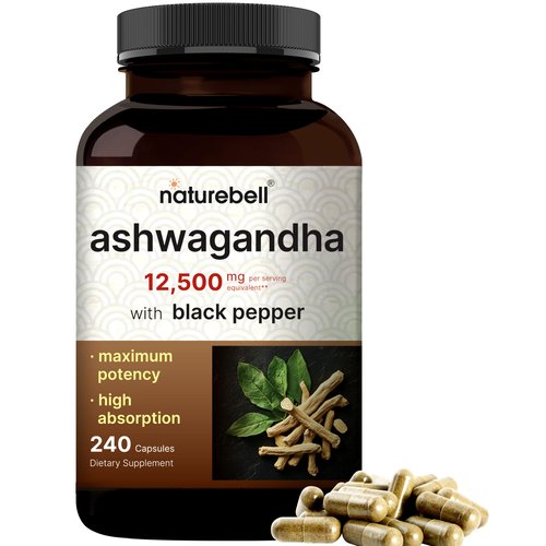 NatureBell Ashwagandha 12,500 mg Equivalent with Black Pepper, 240 Capsules | High Absorption Complex – Extra Strength 25:1 Root Extract – Adaptogens Supplements for Relaxation – Non-GMO
