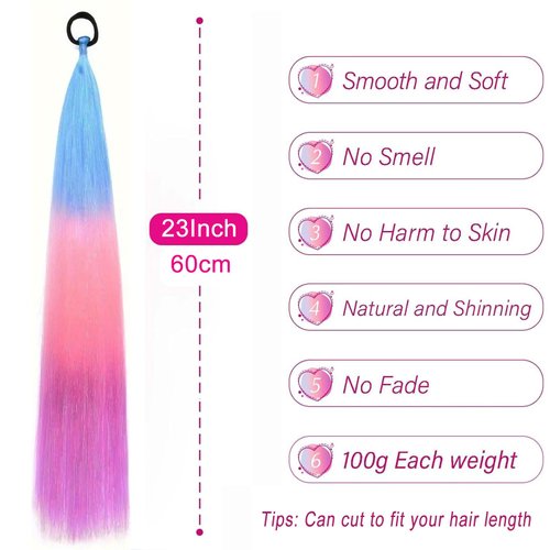 Ponytail Extension With Hair Tie, Colored Hair Extensions for Braiding, Crazy Hair Day Pony Tail Hair Extensions for Braids, Rainbow Hair Extensions for Kids, Ombre Hair Extensions for Braids, 2 Packs