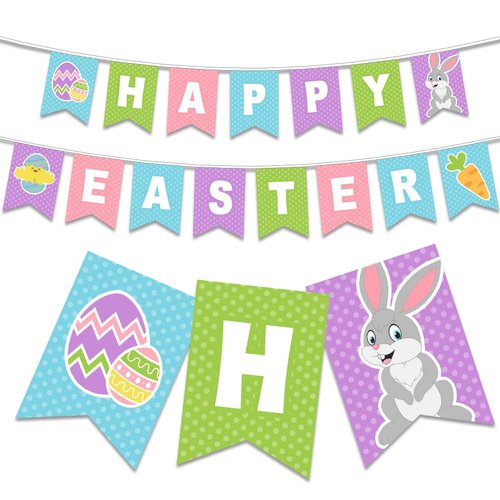 Colorful Happy Easter Banner for Indoor Outdoor Party Decorations, Easter Hanging Bunting Garland Banner for Fireplace, Easter Party Decorations for Welcome Spring Yard Sign