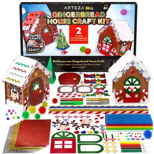 Arteza Kids Cardboard Gingerbread House Kit, 324 Pieces, Fun Kids' Activities — 3D Holiday Crafts with Glitter, Chenille Stems, & Pom Poms for Christmas Decorating and Playtime