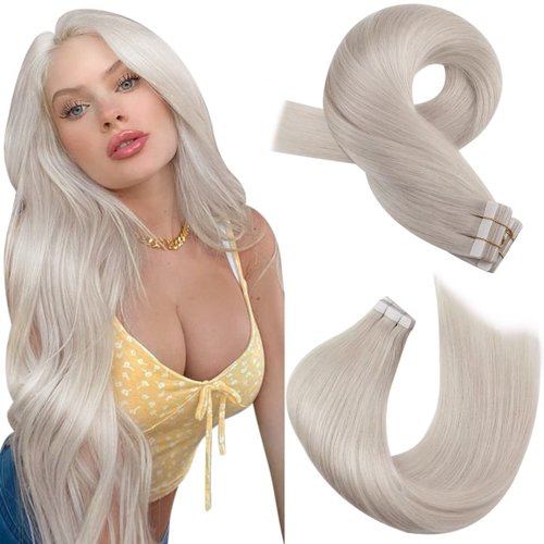 Moresoo Blonde Tape in Human Hair Extensions White Blonde Tape in Extensions Seamless Human Hair Tape in Extensions Blonde Salon Quality Real Hair Extensions Tape in 18 Inch #60A 20pcs 50g