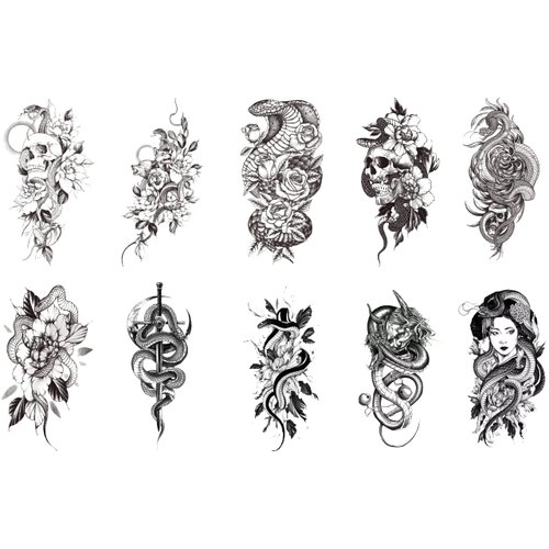 10 Sheets Yeahgoshopping Black Snake Temporary Tattoos with Flower Zombie Sword For Men Women Neck Arm Body Art Waterproof Fake Tattoo Stickers Flash Decals