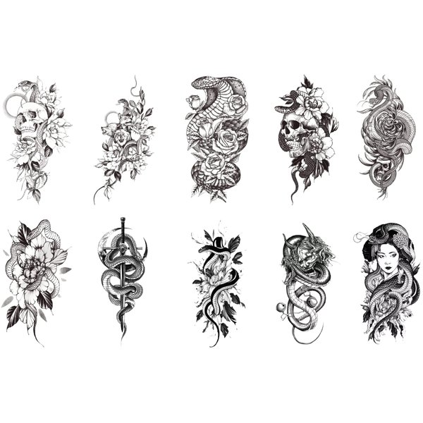 10 Sheets Yeahgoshopping Black Snake Temporary Tattoos with Flower Zombie Sword For Men Women Neck Arm Body Art Waterproof Fake Tattoo Stickers Flash Decals