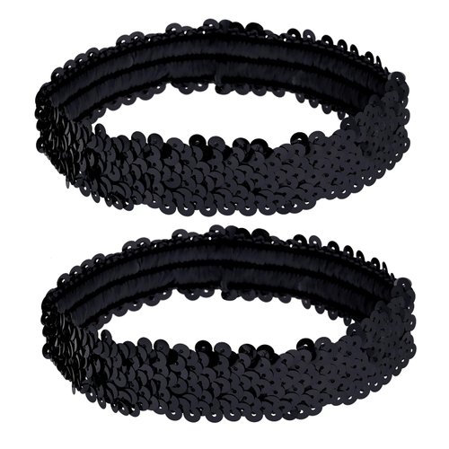 PENTA ANGEL Sequin Headband for Women 2Pcs 80s 90s Vintage Elastic Stretch Sparkle Glitter Fashion Hair Band Accessories for Girls Halloween Party Costume (Black, 3×16.5cm)
