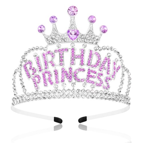 VELSCRUN Birthday Princess Headband, Birthday Princess Tiara, Crown for Girls, Purple Crystal Girl Tiara, Birthday Crowns Tiara for Women, Happy Birthday Princess Party Decorations for Girls