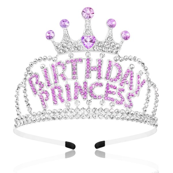 VELSCRUN Birthday Princess Headband, Birthday Princess Tiara, Crown for Girls, Purple Crystal Girl Tiara, Birthday Crowns Tiara for Women, Happy Birthday Princess Party Decorations for Girls