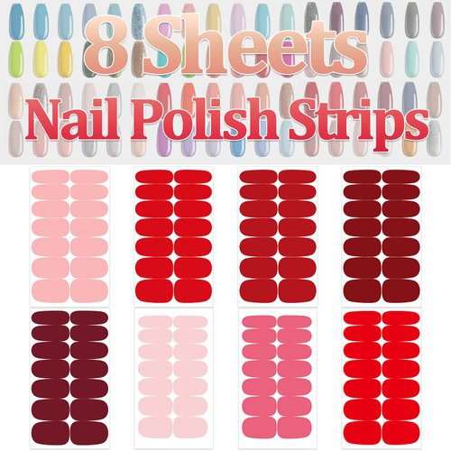 SILPECWEE Red Nail Polish Strips Nail Wraps for Women Solid Color Adhesive Gel Nail Strips Sticker Nail Polish Nail Accessories Manicure Stickers with 1pc Nail File (8 Sheets)