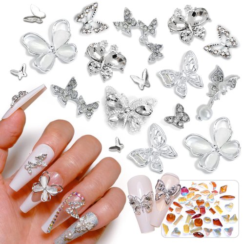 90 PCS 3D Butterfly Nail Rhinestones Charms Sliver Metal Acrylic Nail Art Alloy Shiny Crystals Gems Diamonds Nail DIY Jewels Accessories Design Supplies Decoration Set